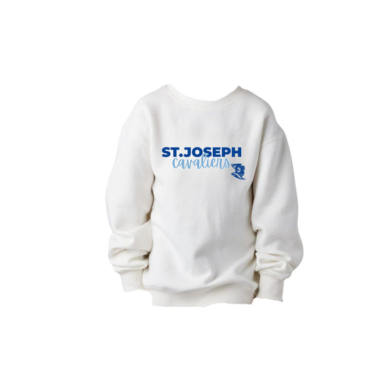white sweatshirt with 'St. Joseph Cavaliers' printed in a mixed text design and the SJS logo