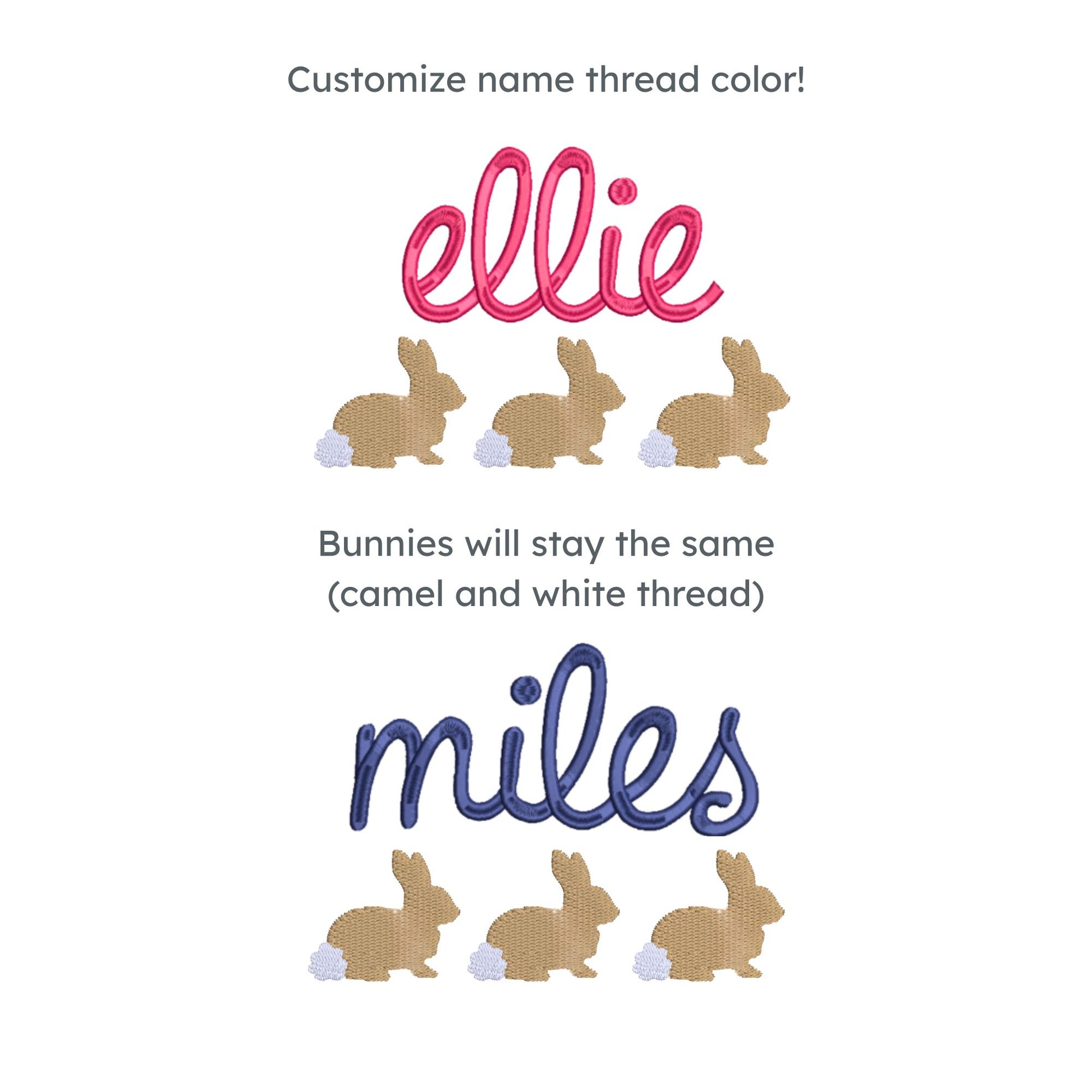 Design template with 'ellie' and 'miles' text with bunnies on a white background