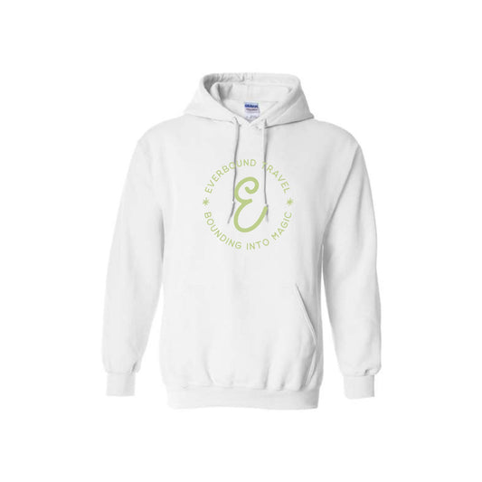 White hoodie with green text and logo on a white background