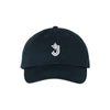Black cap with a white logo on a white background