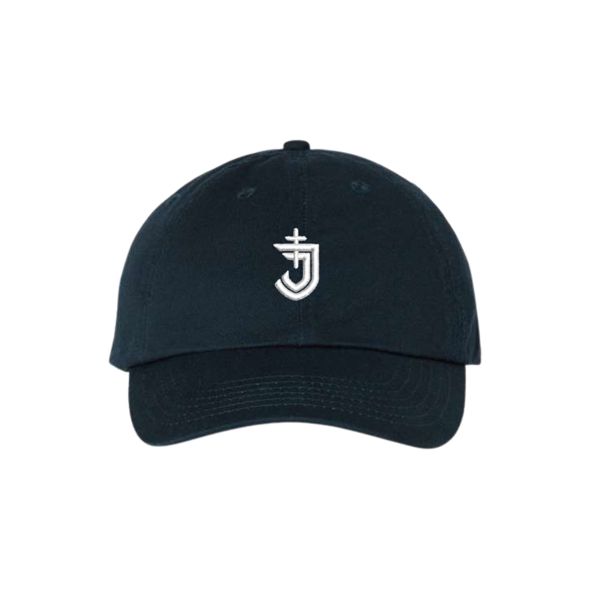 Black cap with a white logo on a white background