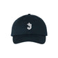 Black cap with a white logo on a white background