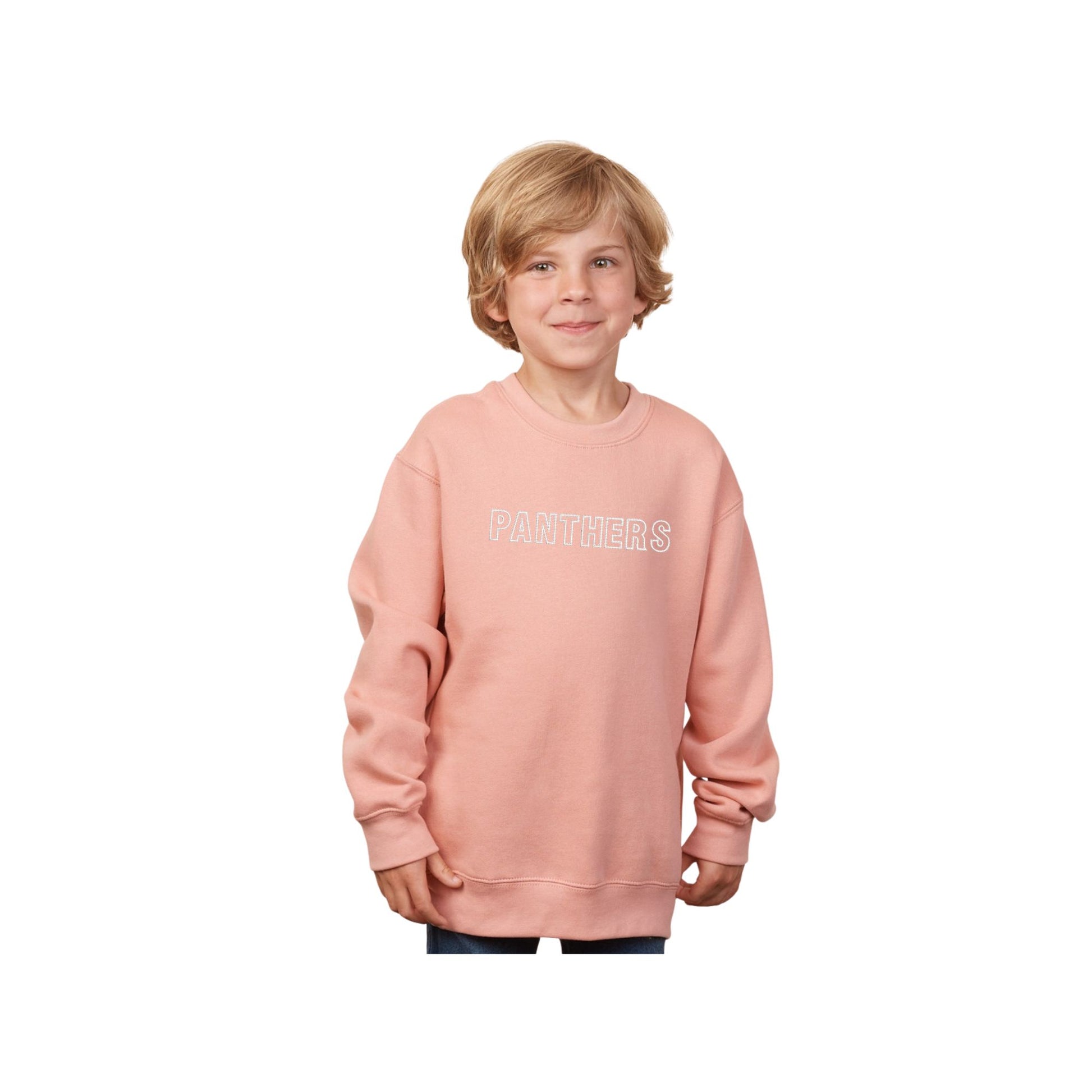 Child wearing a pink sweatshirt with 'Panthers' text on a white background