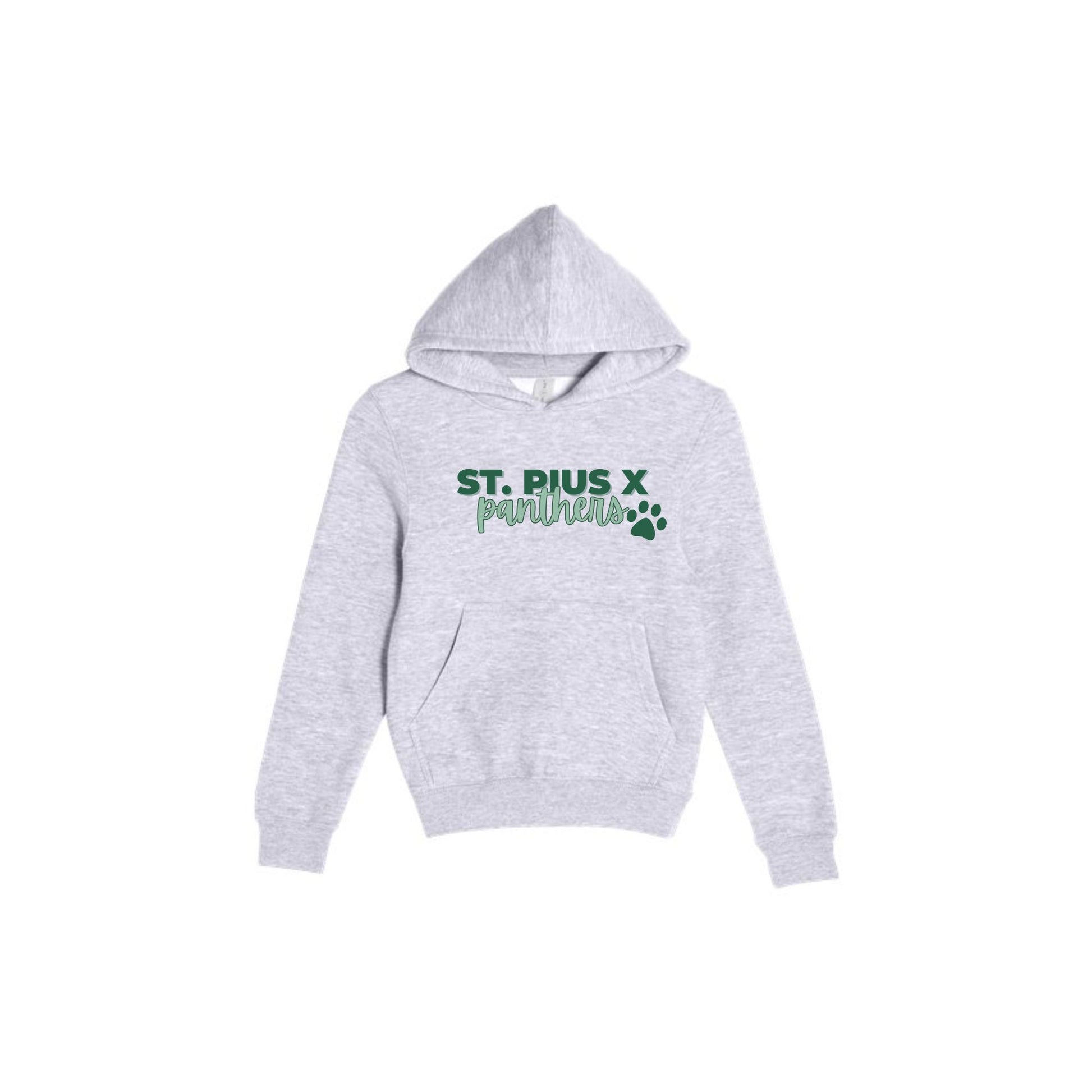 Gray hoodie with 'St. Pius X Panthers' text and paw print on a white background
