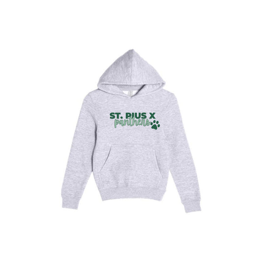 Gray hoodie with 'St. Pius X Panthers' text and paw print on a white background