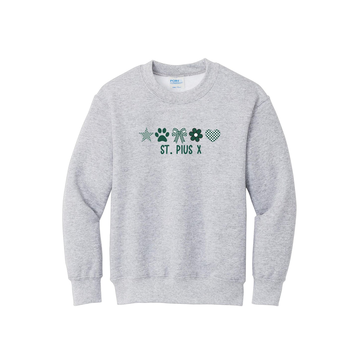 A light heather gray crewneck sweatshirt featuring a St. Pius X themed chest graphic with green paw prints, flower, a heart, and the text 'ST.