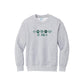 A light heather gray crewneck sweatshirt featuring a St. Pius X themed chest graphic with green paw prints, flower, a heart, and the text 'ST.