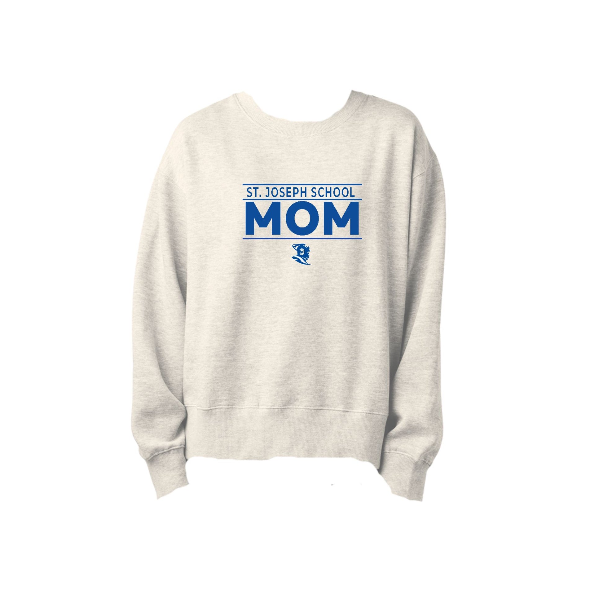 White sweatshirt with 'St. Joseph School Mom' text on a white background