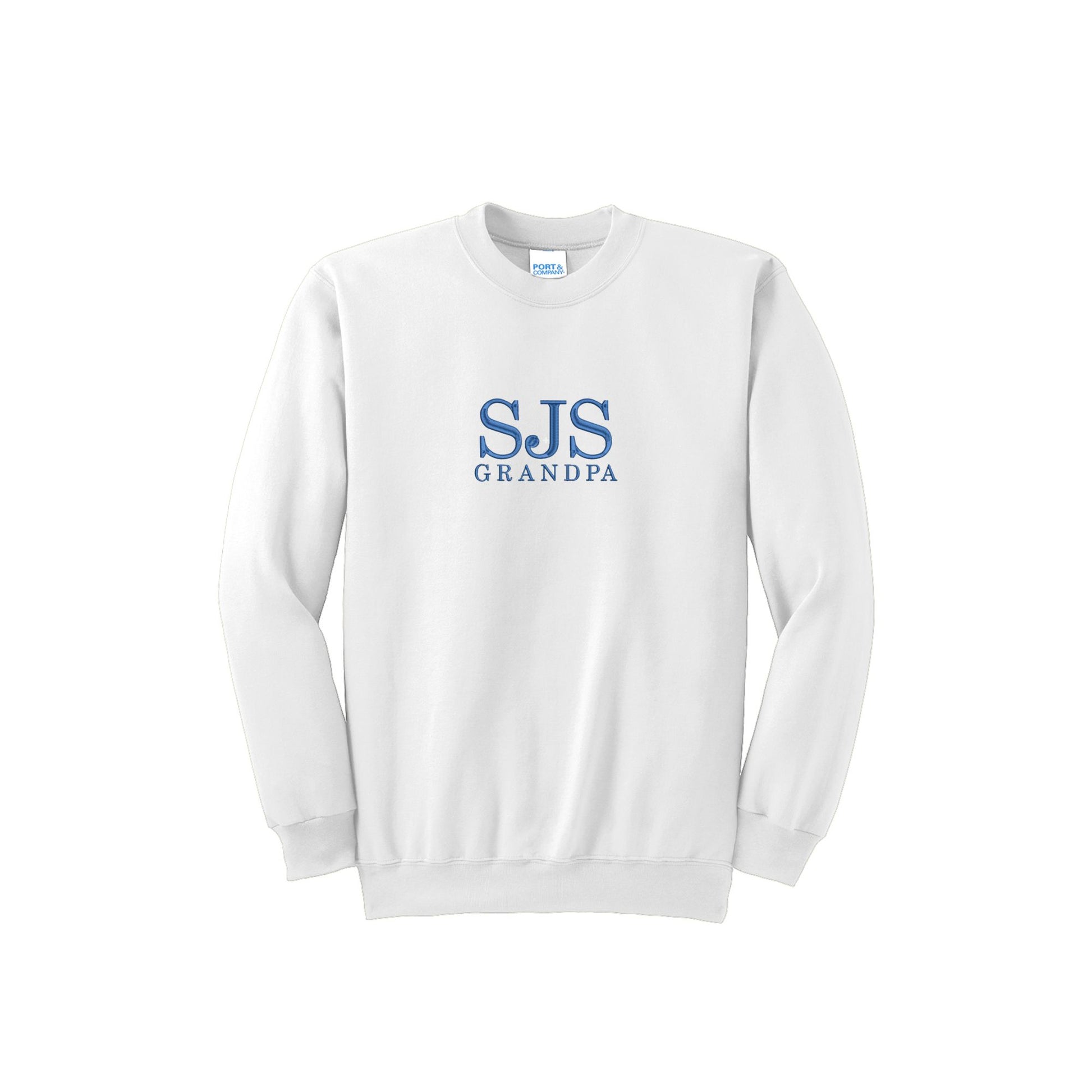 white crewneck sweatshirt with SJS GRANDPA embroidered on the center chest in royal blue thread