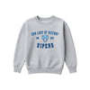 A light gray crewneck sweatshirt featuring a blue graphic print on the front with the text 'OUR LADY OF VICTORY', '1853', a snake head logo, and 'VIPERS'.