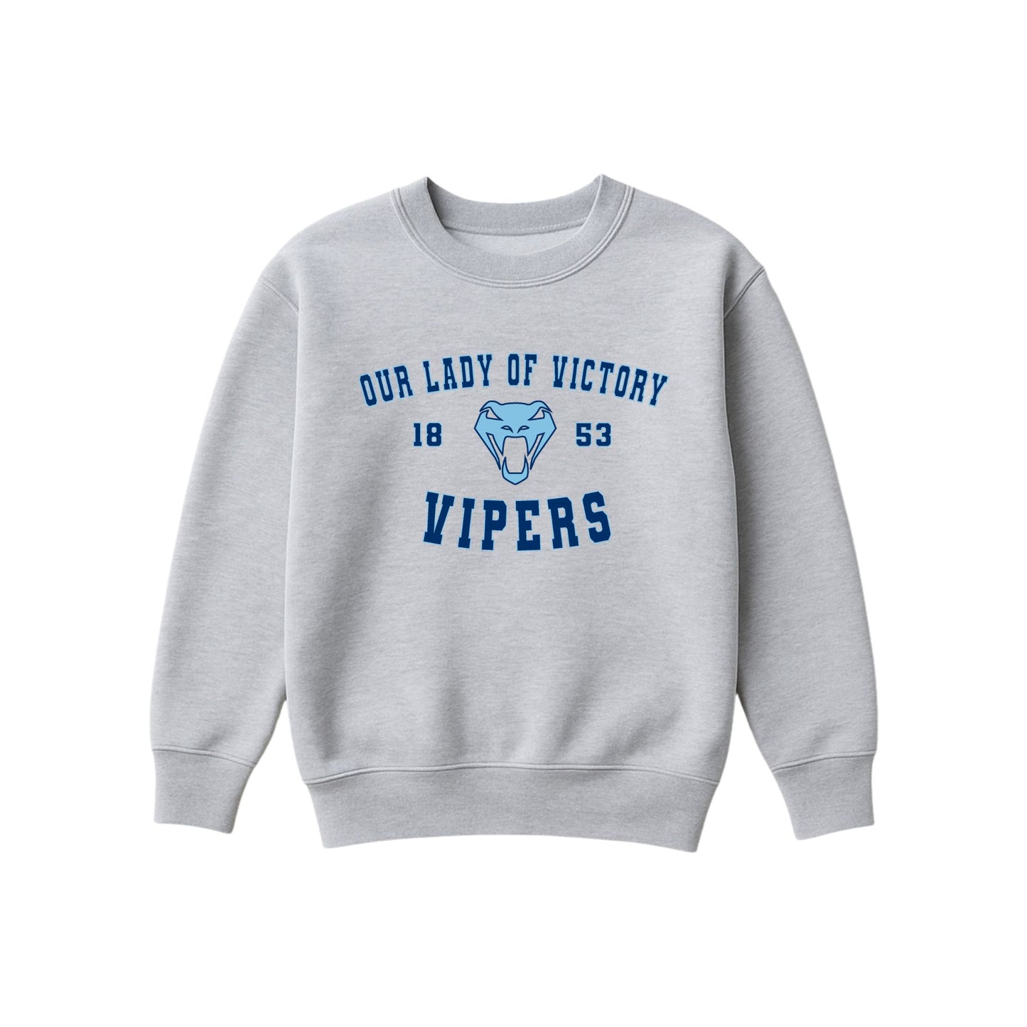 A light gray crewneck sweatshirt featuring a blue graphic print on the front with the text 'OUR LADY OF VICTORY', '1853', a snake head logo, and 'VIPERS'.