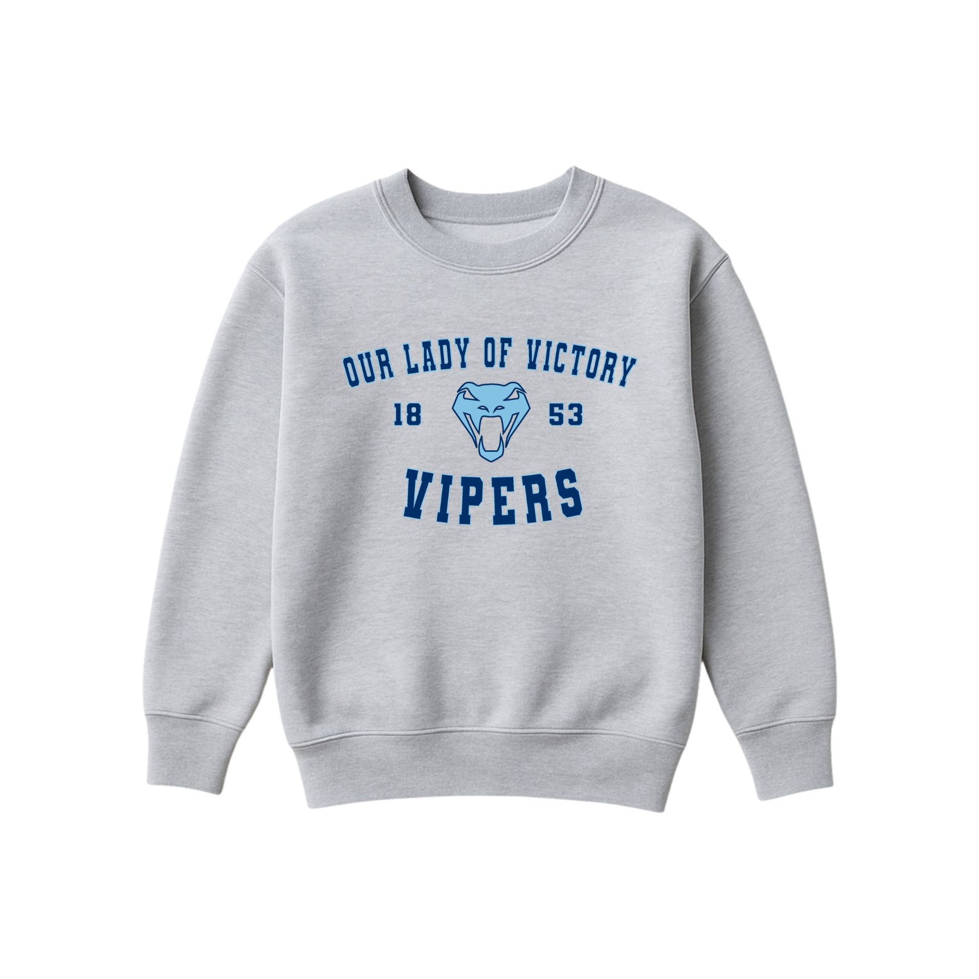 A light gray crewneck sweatshirt featuring a blue graphic print on the front with the text 'OUR LADY OF VICTORY', '1853', a snake head logo, and 'VIPERS'.