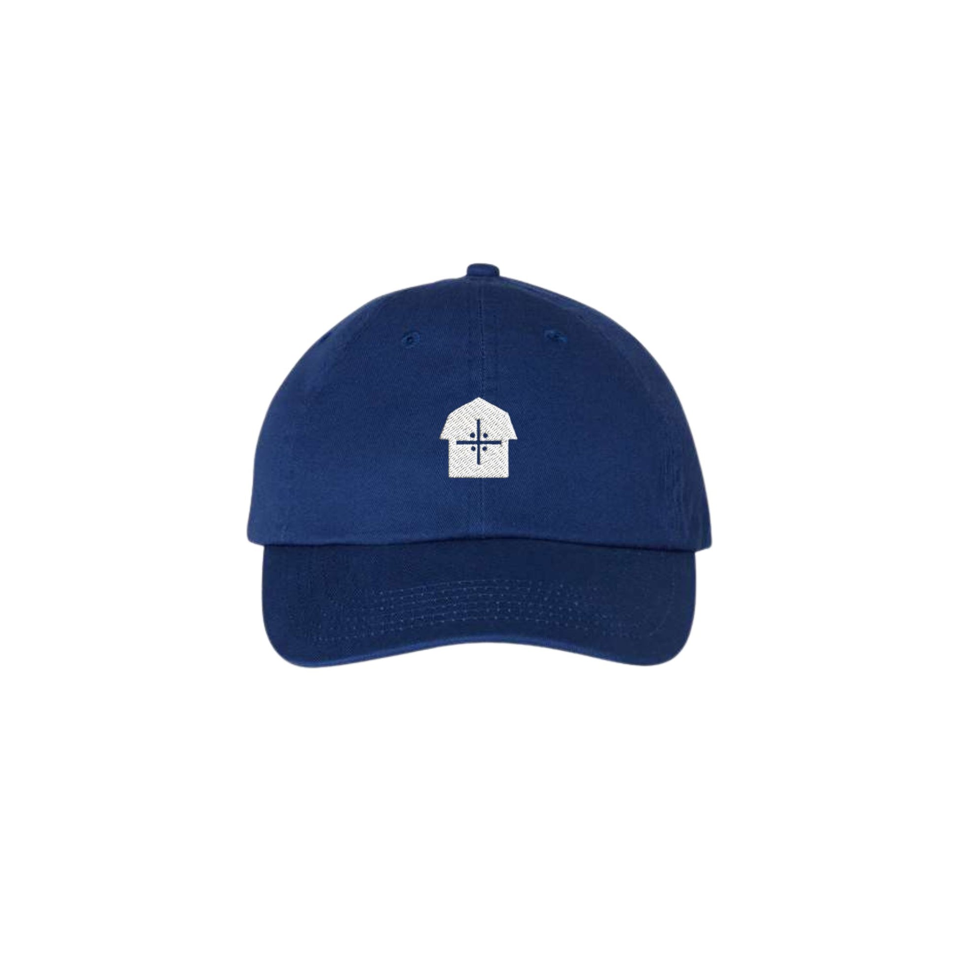 Blue cap with a white vmm barn logo 