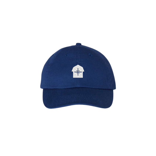 Blue cap with a white vmm barn logo 