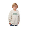 Child wearing an oatmeal heather sweatshirt with 'Saint Pius X Panthers' embroidered design on the center chest in green thread