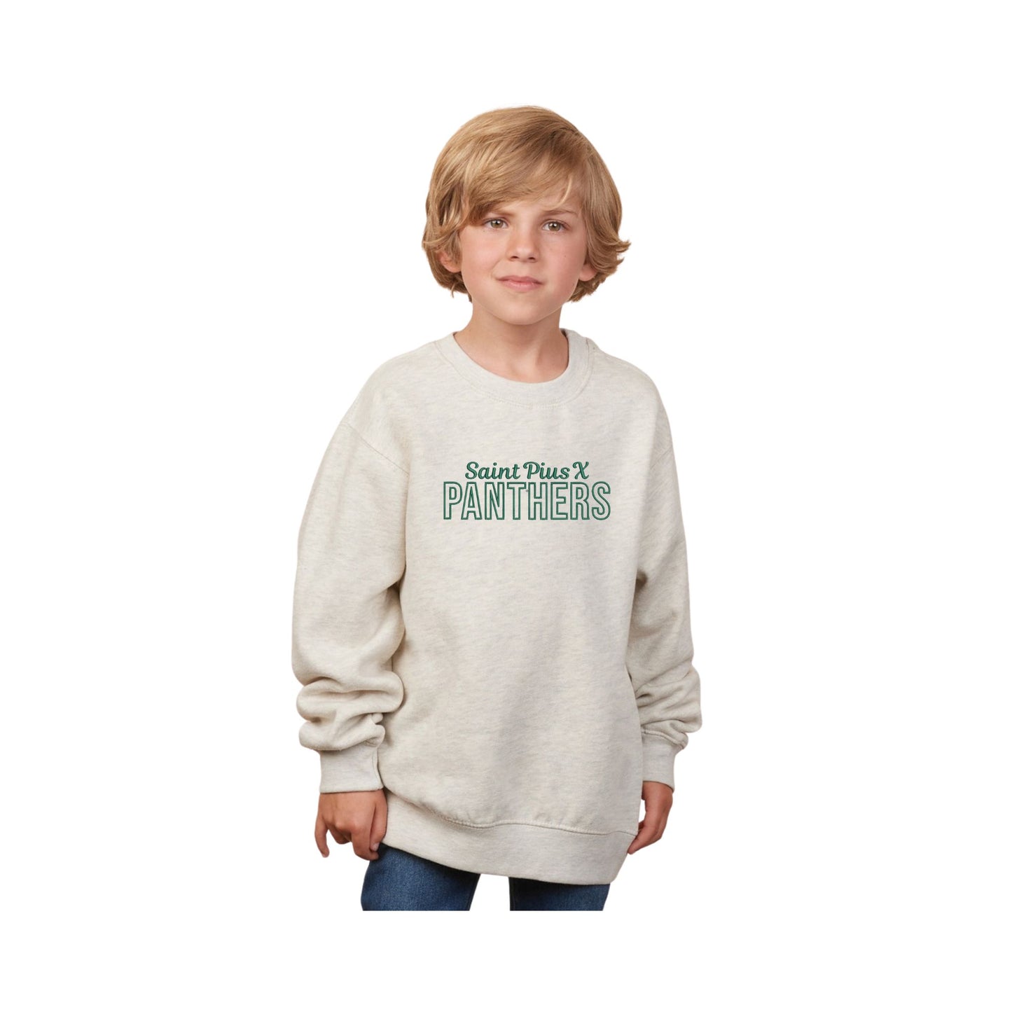 Child wearing an oatmeal heather sweatshirt with 'Saint Pius X Panthers' embroidered design on the center chest in green thread