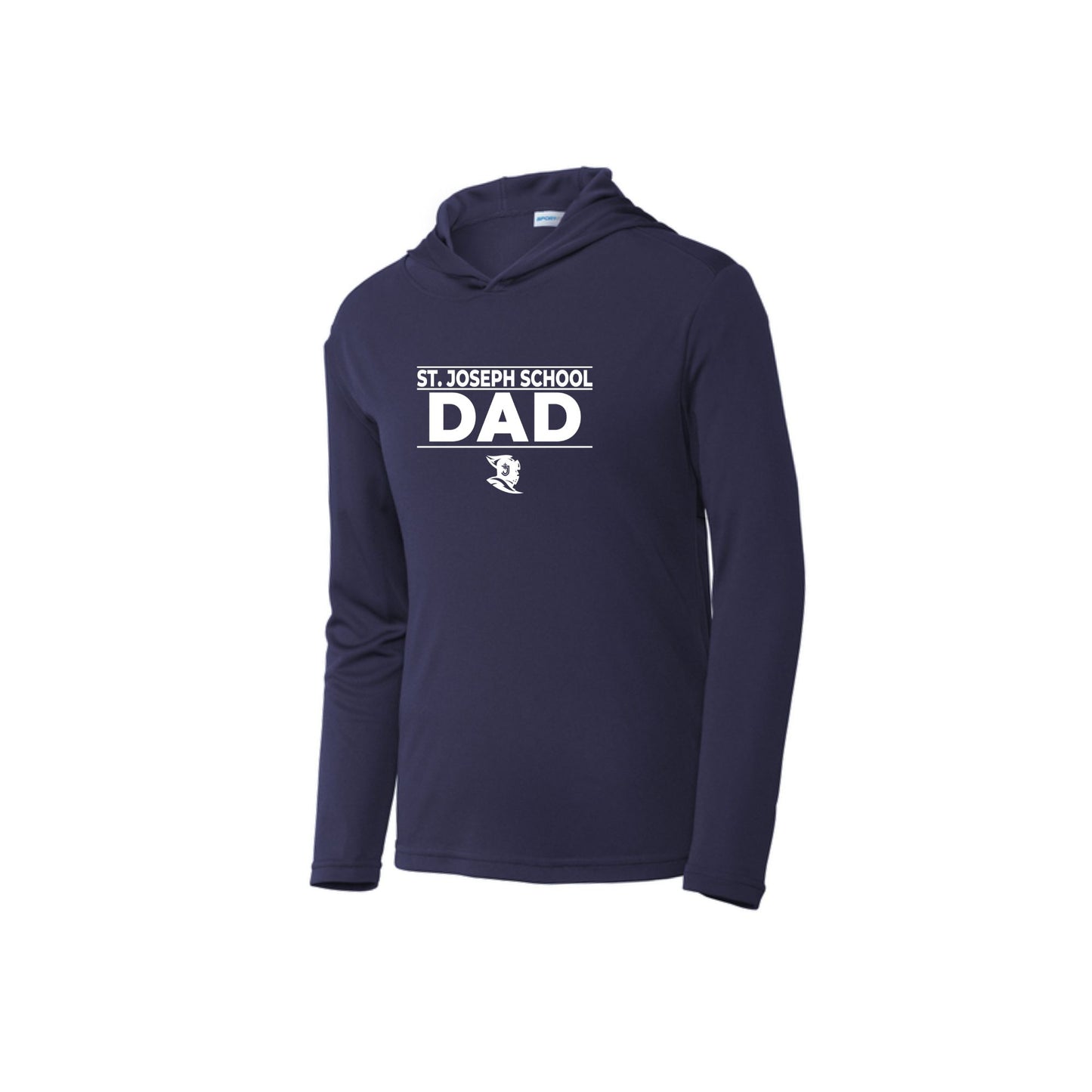 Navy hoodie with 'St. Joseph School Dad' text on a white background
