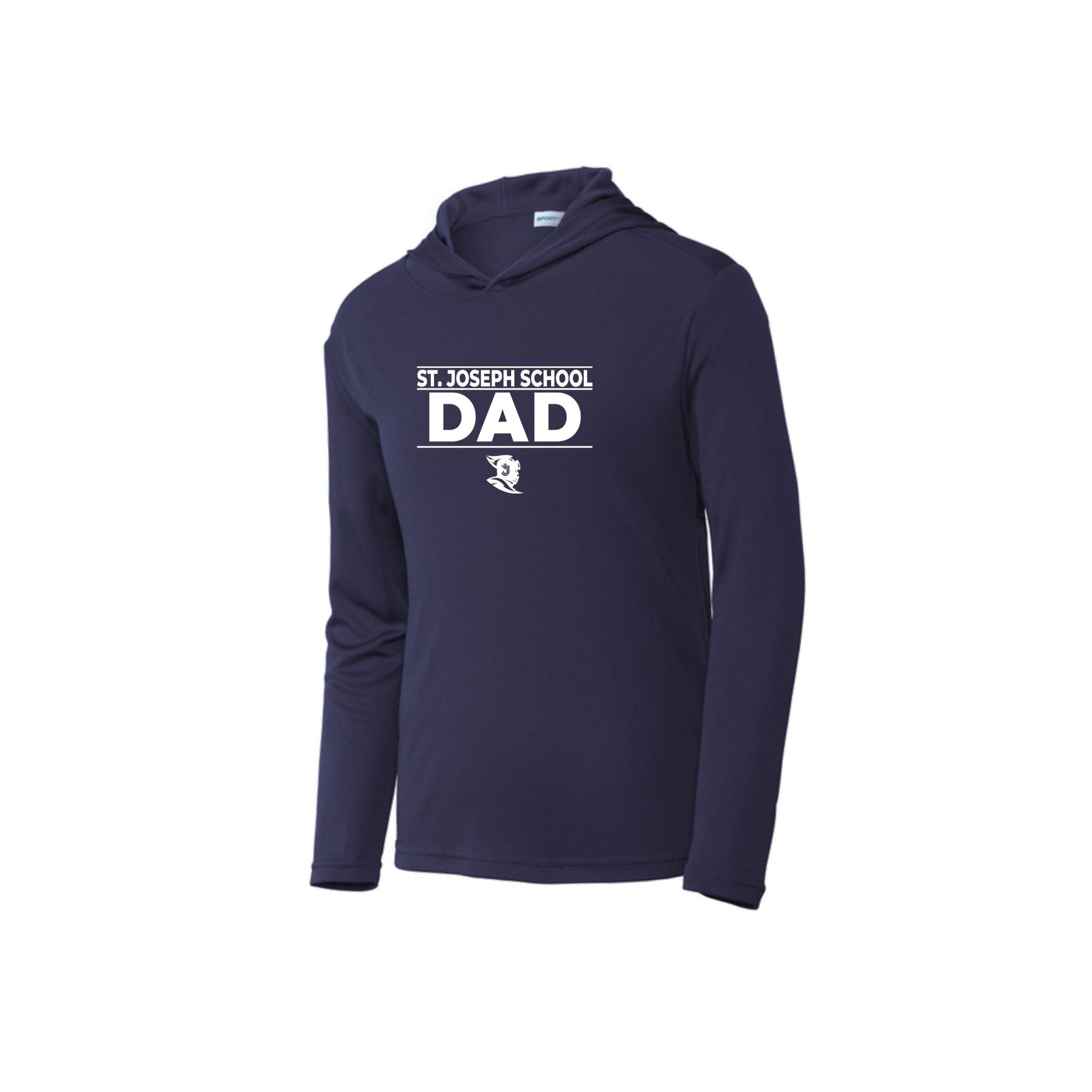 Navy hoodie with 'St. Joseph School Dad' text on a white background