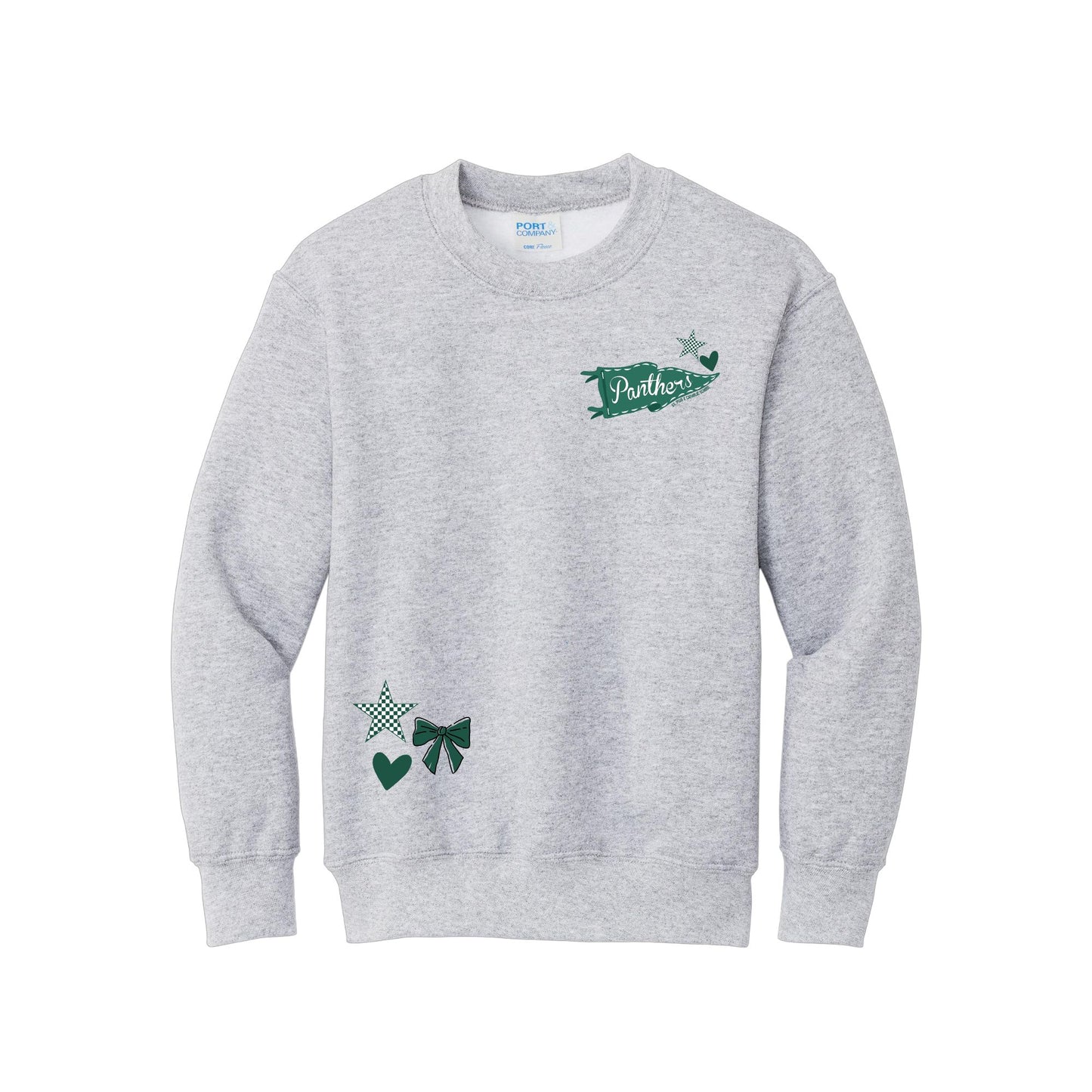 A light heather gray crewneck sweatshirt featuring green pennant print on the chest. 