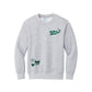 A light heather gray crewneck sweatshirt featuring green pennant print on the chest. 