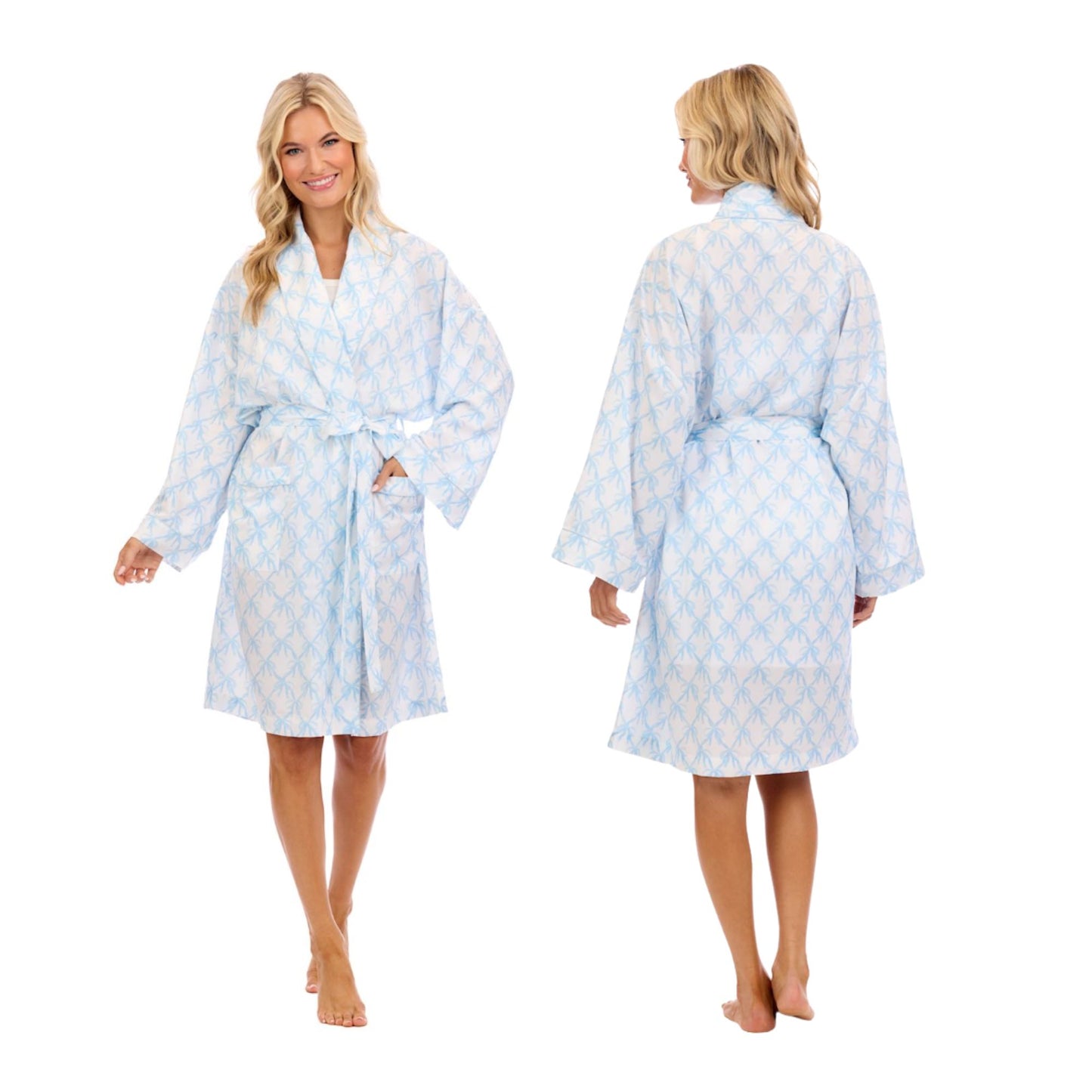 Woman wearing a light blue checkered robe, shown from front and back on a white background.