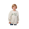 Child wearing a beige sweatshirt with 'St. Pius Panthers' text on a white background