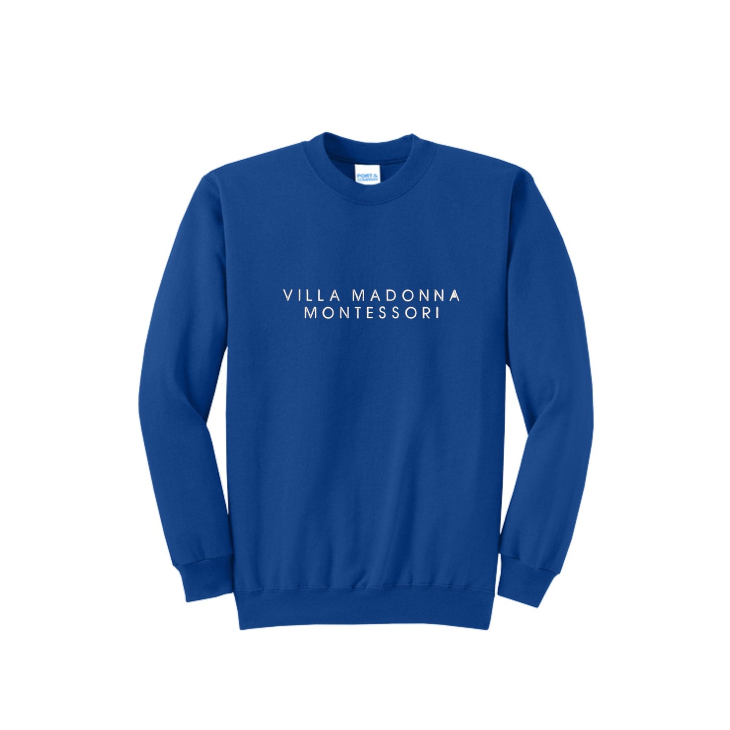 A royal blue crewneck sweatshirt with 'VILLA MADONNA MONTESSORI' printed in white capital letters across the chest, displayed on a clean white background.
