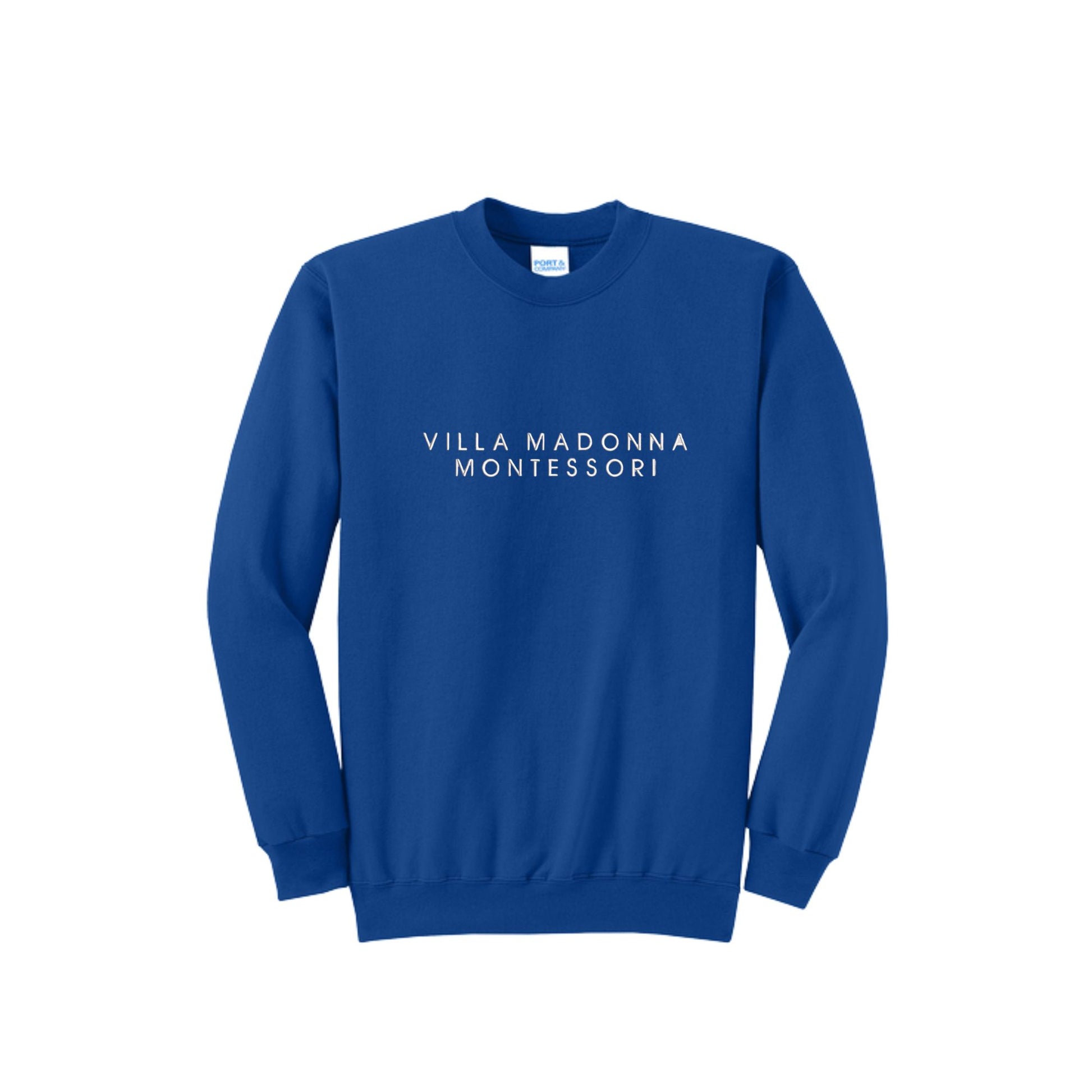 A royal blue crewneck sweatshirt with 'VILLA MADONNA MONTESSORI' printed in white capital letters across the chest, displayed on a clean white background.