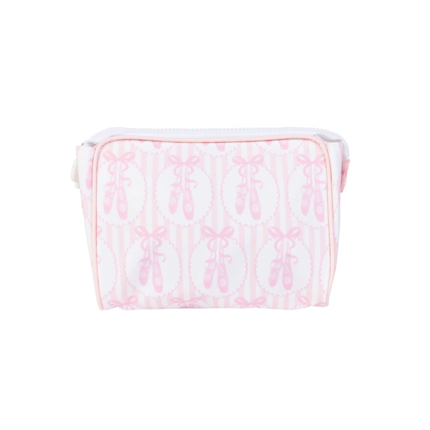 Small Pink ballet slipper and striped pattern pouch on a white background
