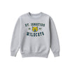 A light gray heather crewneck sweatshirt featuring a St. Ignatius Wildcats graphic on the chest, displayed against a solid white background.