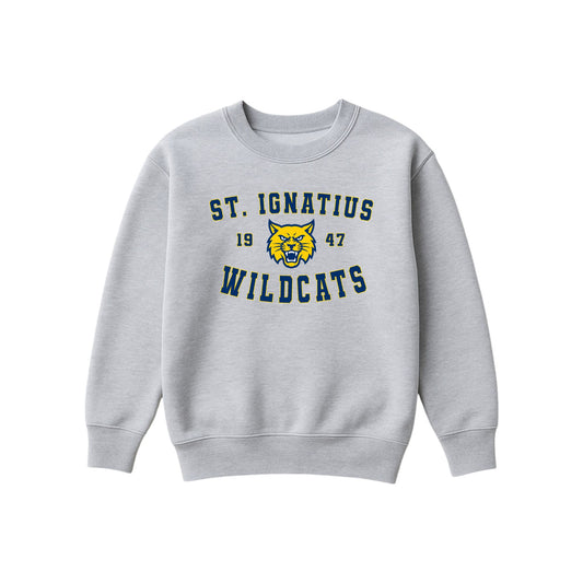 A light gray heather crewneck sweatshirt featuring a St. Ignatius Wildcats graphic on the chest, displayed against a solid white background.
