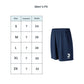 Navy blue shorts with a logo on a white background and a size chart to the left.