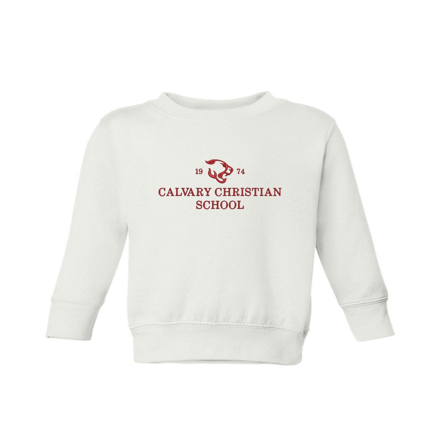 white toddler crewneck sweatshirt with embroiere Calvary Christian design across the chest 