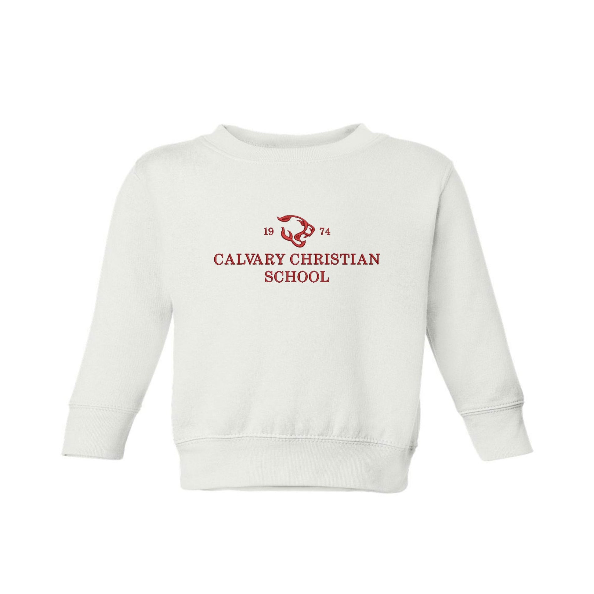 white toddler crewneck sweatshirt with embroiere Calvary Christian design across the chest 