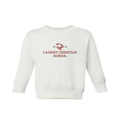 white toddler crewneck sweatshirt with embroiere Calvary Christian design across the chest 