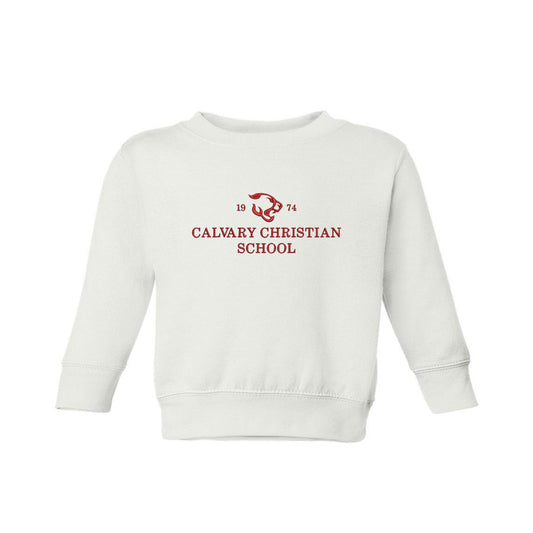 white toddler crewneck sweatshirt with embroiere Calvary Christian design across the chest 