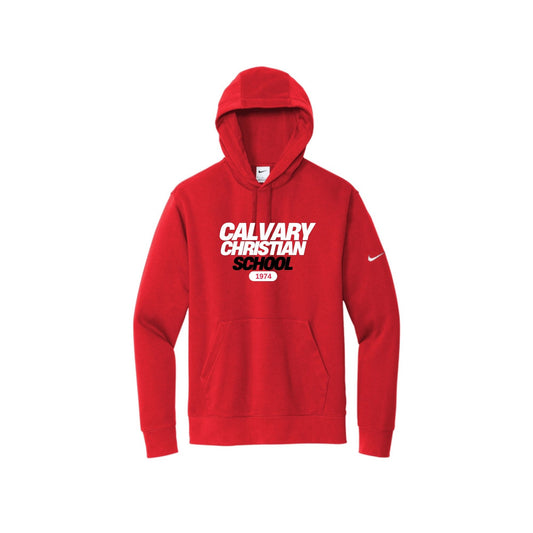 red nike hoodie with calvary christian school 1974 printed in white and black ink