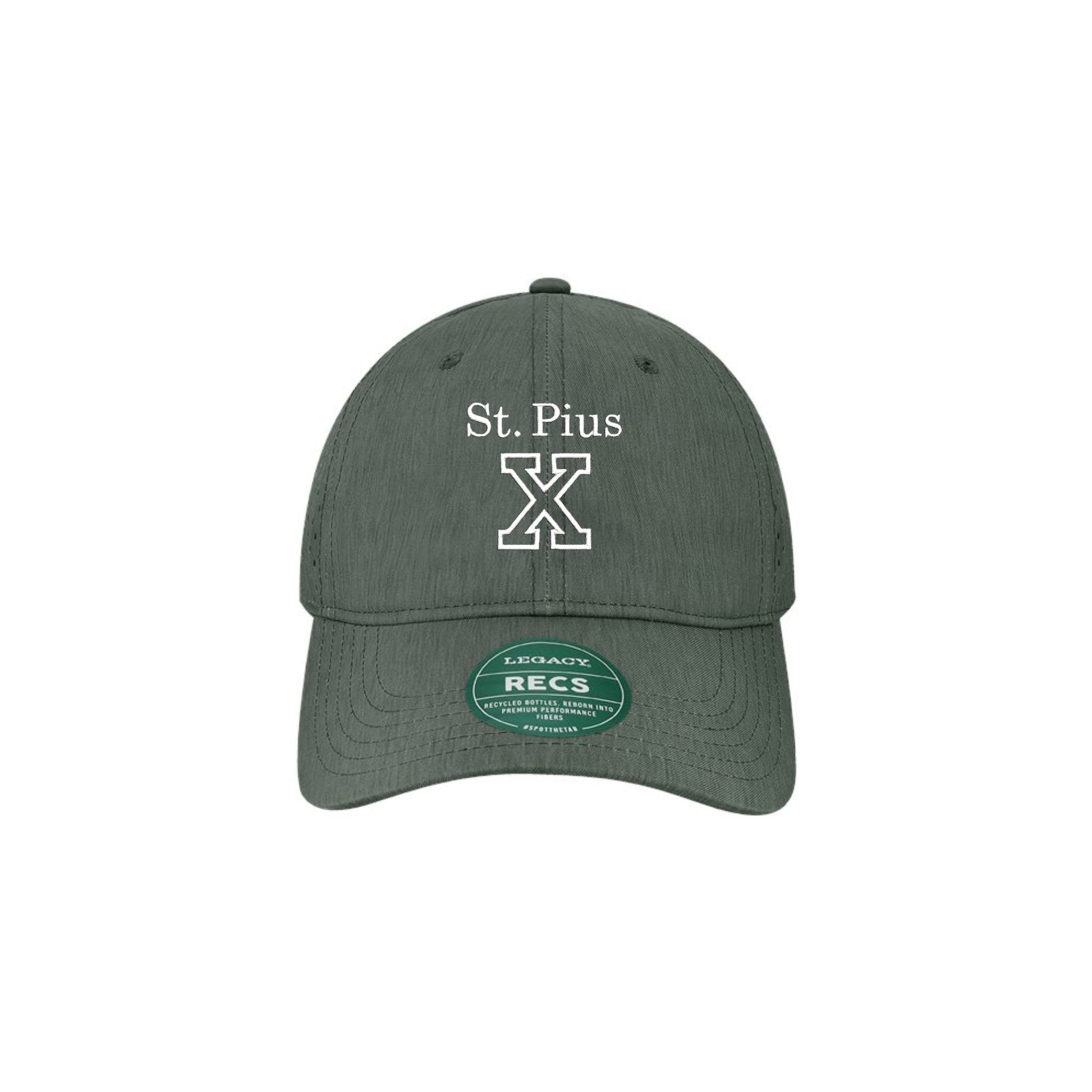eco black cap with 'St. Pius X' logo on a white background