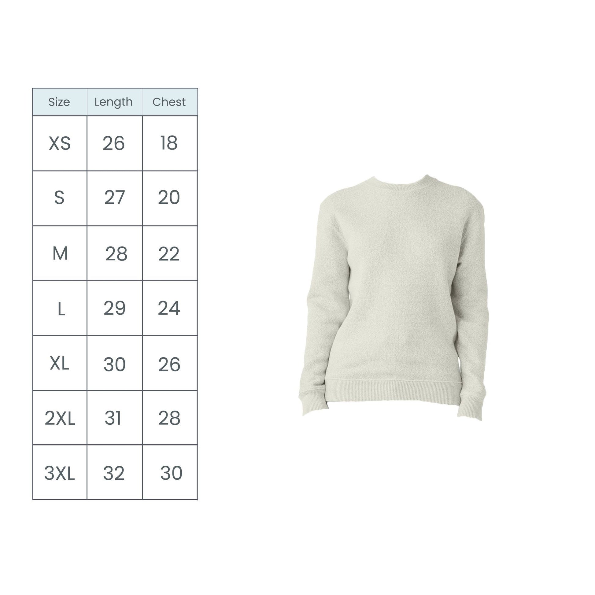 latte cozy knit fleece with size chart on a white background