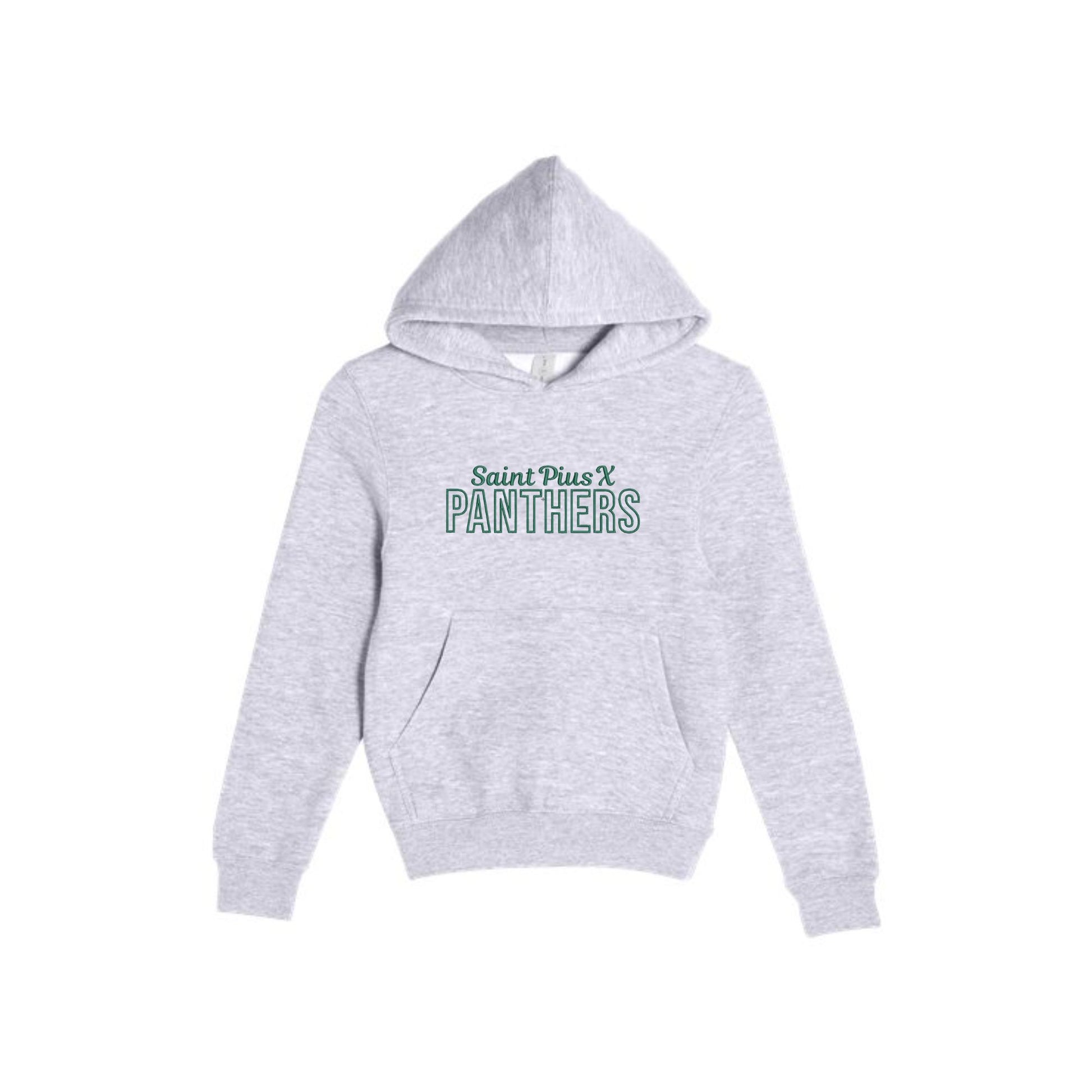 athletic heather hoodie with 'Saint Pius X Panthers' embroidered design on the center chest in hunter green thread