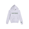Gray hoodie with 'PANTHERS' embroidered in open athletic block font and green thread on the center chest and a paw print embroidered on the cuff