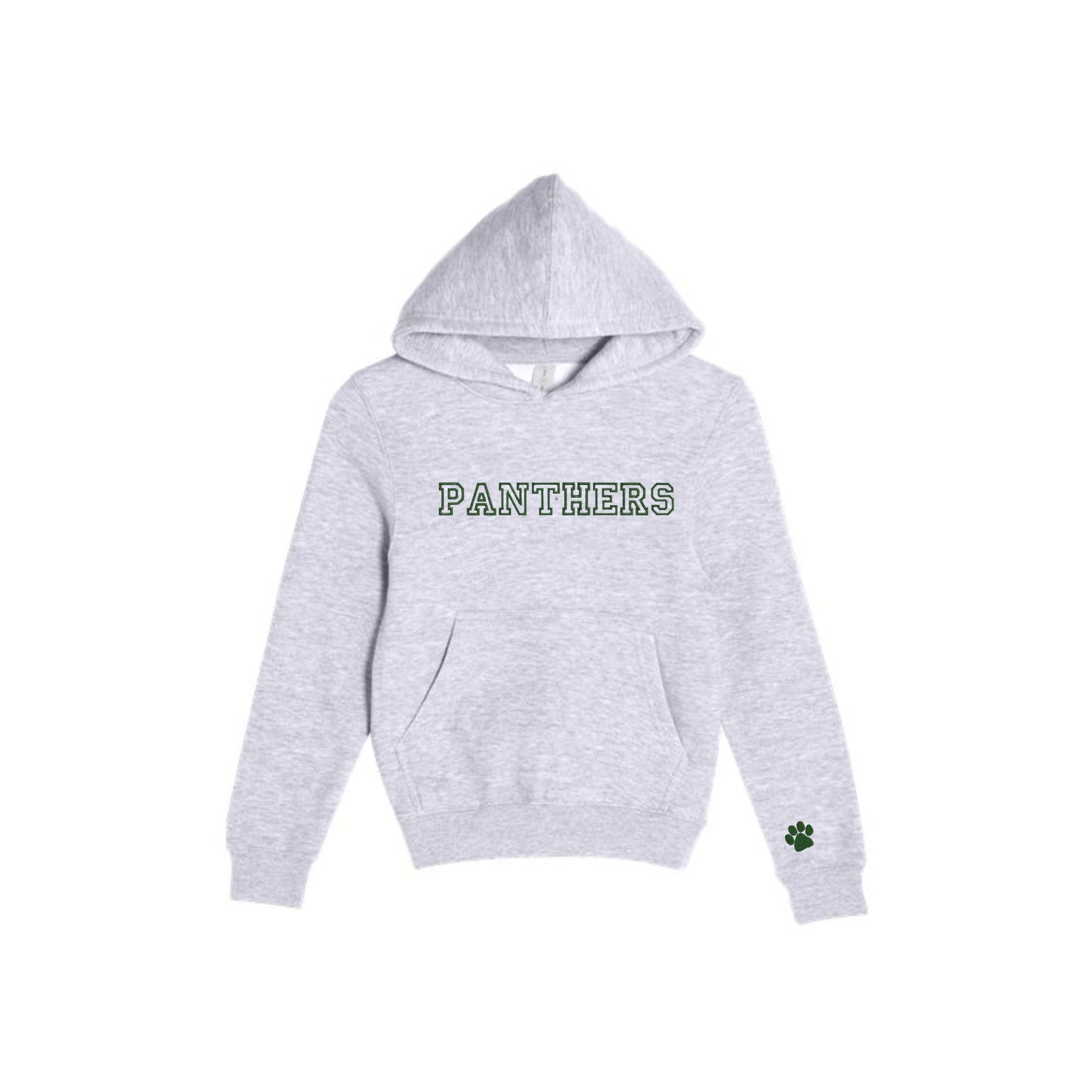 Gray hoodie with 'PANTHERS' embroidered in open athletic block font and green thread on the center chest and a paw print embroidered on the cuff