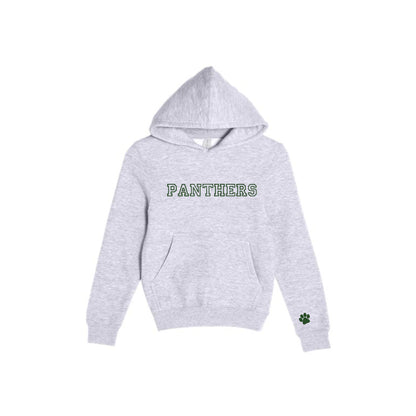 Gray hoodie with 'PANTHERS' embroidered in open athletic block font and green thread on the center chest and a paw print embroidered on the cuff