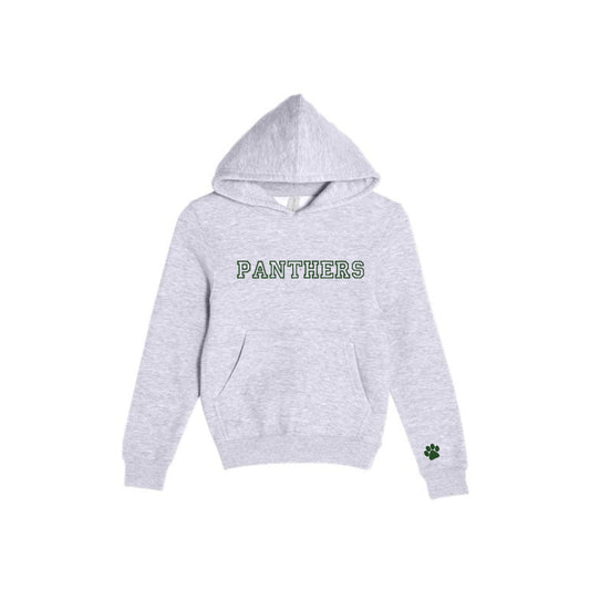 Gray hoodie with 'PANTHERS' embroidered in open athletic block font and green thread on the center chest and a paw print embroidered on the cuff