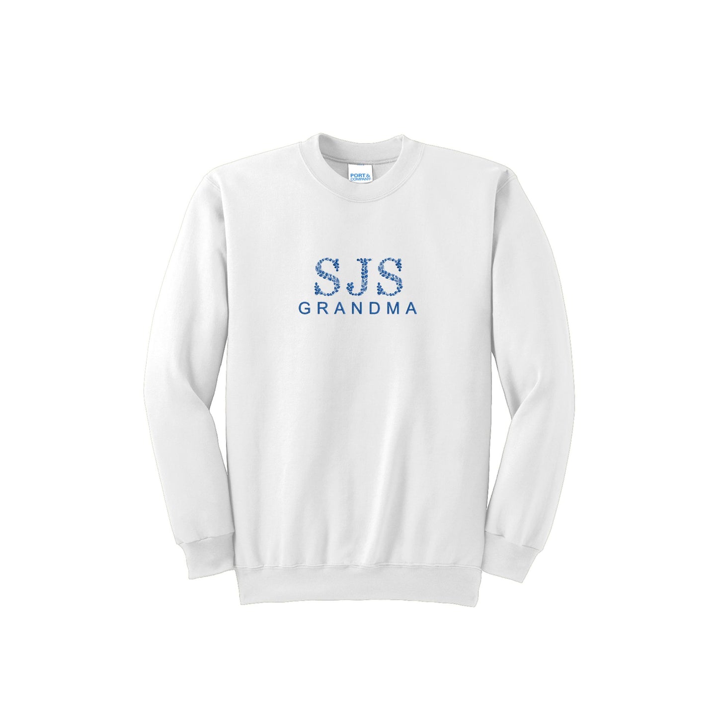 white sweatshirt with floral font sjs grandma embroidered in royal blue thread