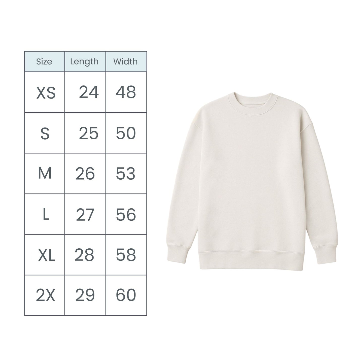 A size chart table showing sizes XS through 2X with length and width measurements, next to a plain cream sweatshirt on a white background.