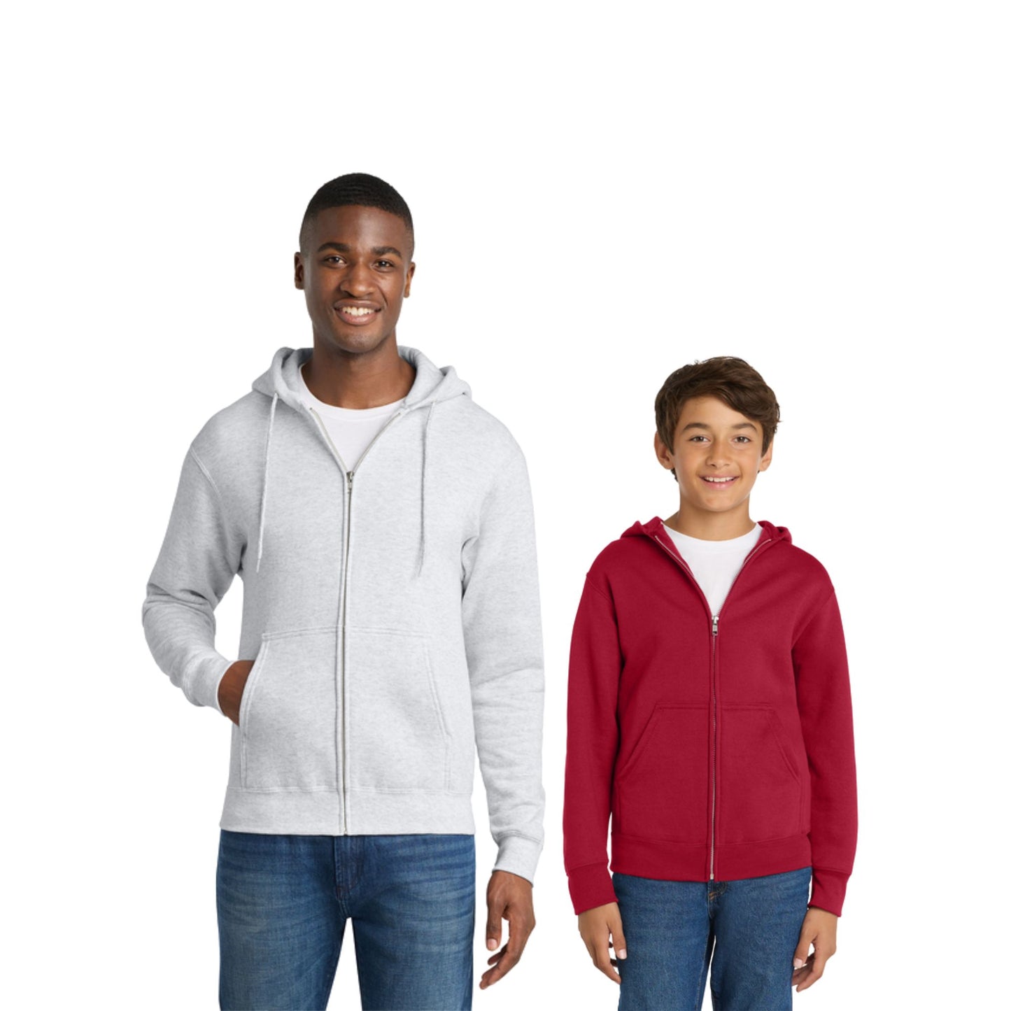 Two people wearing gray and red hoodies on a white background