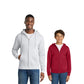 Two people wearing gray and red hoodies on a white background