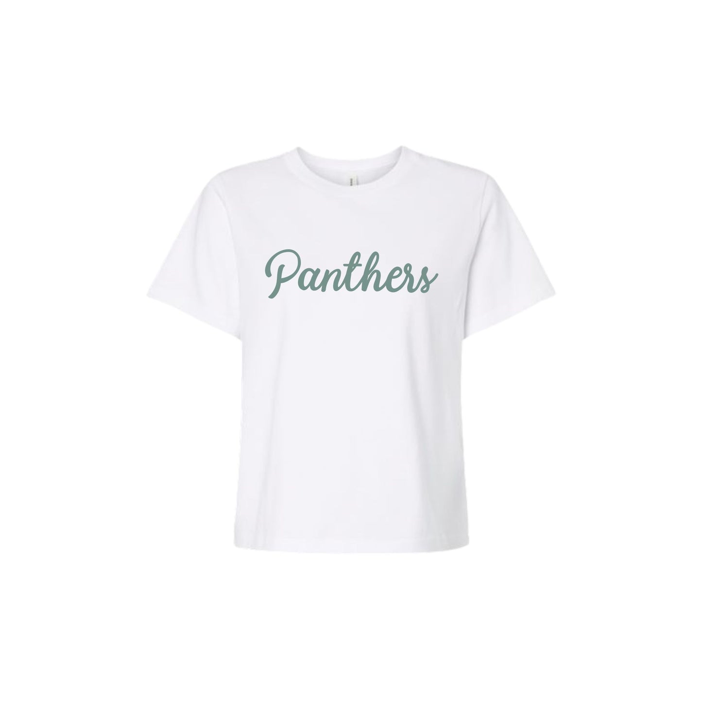White t-shirt with 'Panthers' text on a white background
