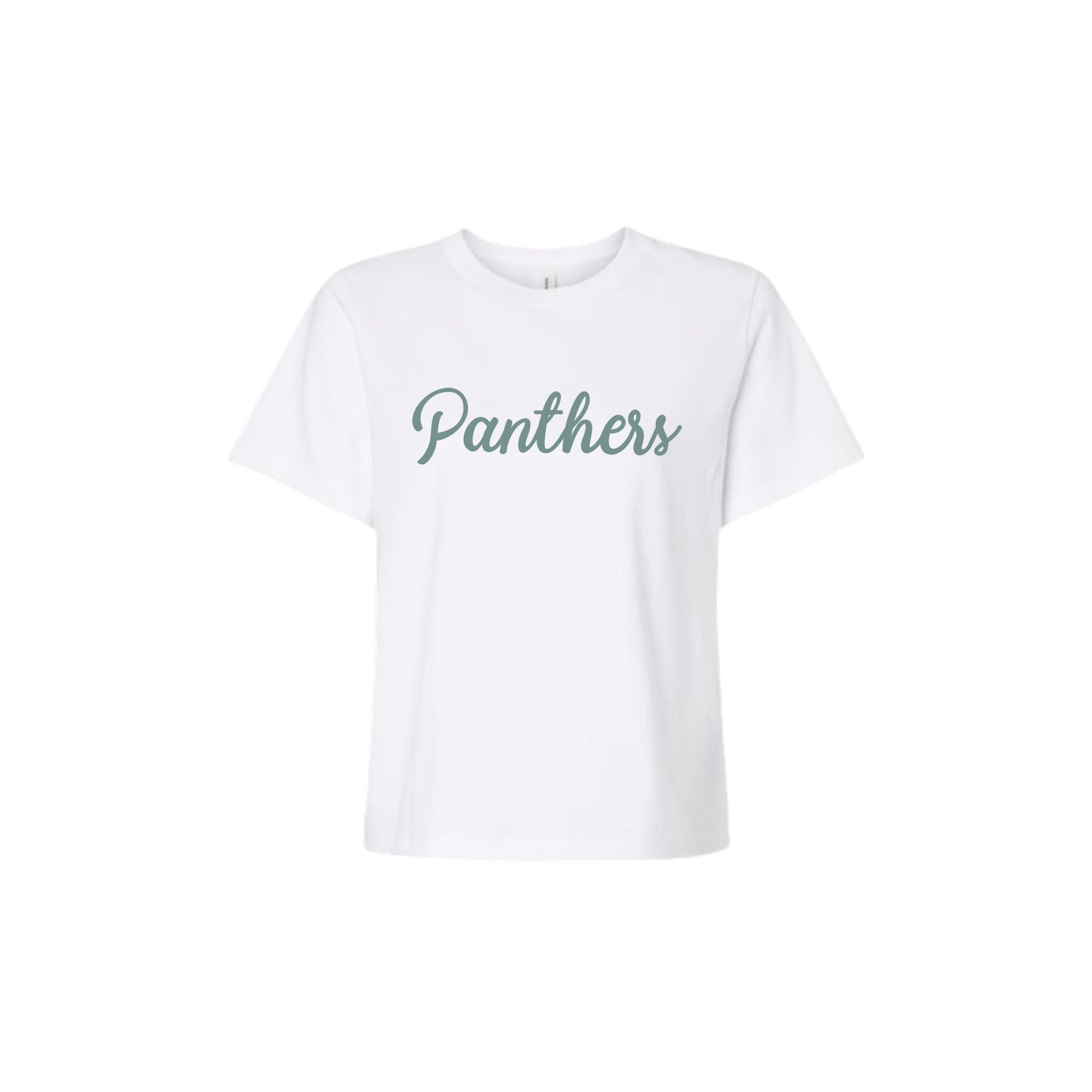 White t-shirt with 'Panthers' text on a white background